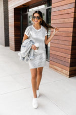Load image into Gallery viewer, Blissful Days White/Black Striped  T-Shirt Dress
