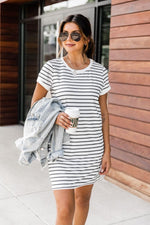 Load image into Gallery viewer, Blissful Days White/Black Striped  T-Shirt Dress
