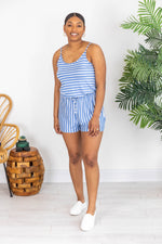 Load image into Gallery viewer, Fluttering Heart Striped Blue/White Romper

