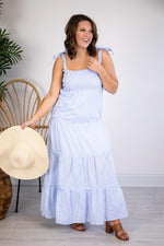 Load image into Gallery viewer, CAITLIN COVINGTON X PINK LILY The Santorini Striped Blue/White Maxi Dress
