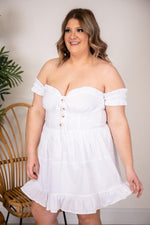 Load image into Gallery viewer, CAITLIN COVINGTON X PINK LILY The Mykonos Corset Detail Off the Shoulder White Dress
