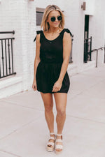 Load image into Gallery viewer, Saturday Afternoon Black Tie Strap Button Romper
