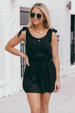 Load image into Gallery viewer, Saturday Afternoon Black Tie Strap Button Romper
