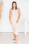 Adored By You Oatmeal Ribbed Midi Tank Dress