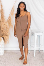 Load image into Gallery viewer, Passport Destination Brown Button Ribbed Midi Dress
