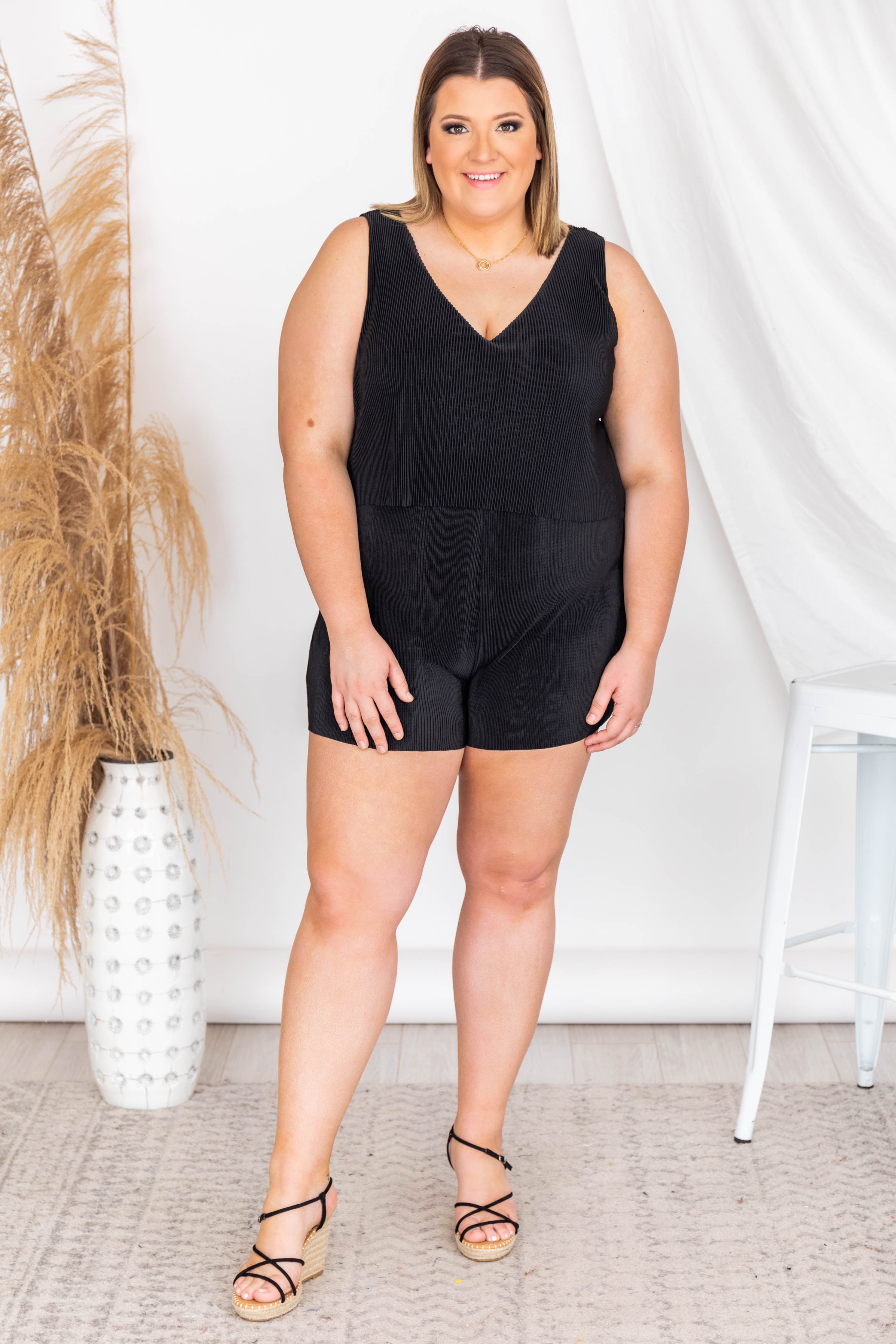 LIVING MY BEST STYLE X PINK LILY Chasing Cities Black Pleated Romper
