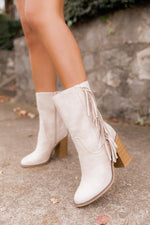 Load image into Gallery viewer, Nelly Beige Fringe Suede Boots
