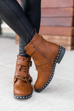 Load image into Gallery viewer, Veronica Leather Stud Camel Combat Boots

