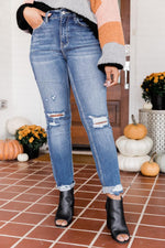 Load image into Gallery viewer, Ember Dark Wash Cuffed Hem Distressed Mom Jeans
