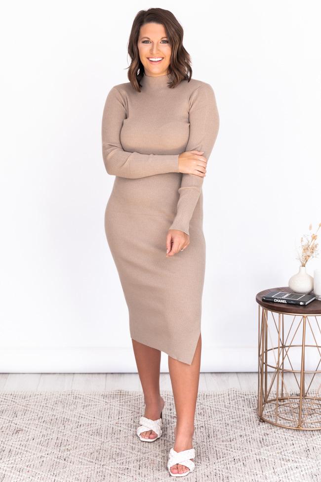 Any Other Night Taupe Mock Neck Ribbed Midi Dress