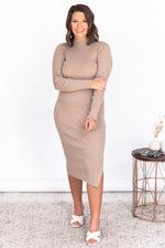 Load image into Gallery viewer, Any Other Night Taupe Mock Neck Ribbed Midi Dress

