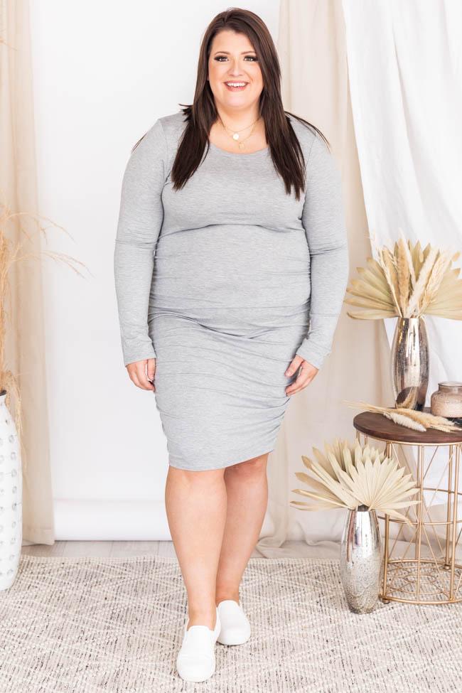 Together At Last Ruched Knit Midi Grey Dress