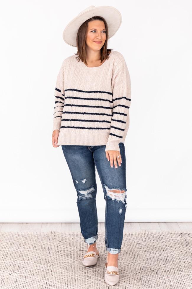 Forever More Navy Cable Knit Striped Sweater