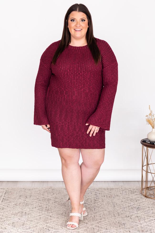 Decide My Path Ribbed Bell Sleeve Burgundy Sweater Dress