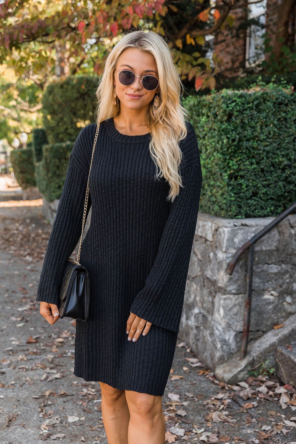 Decide My Path Ribbed Bell Sleeve Black Sweater Dress
