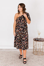 Load image into Gallery viewer, On Repeat Floral One Shoulder Ruffle Maxi Dress Black
