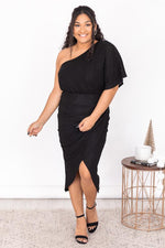 Load image into Gallery viewer, Seek Your Love Black One Shoulder Wrap Dress
