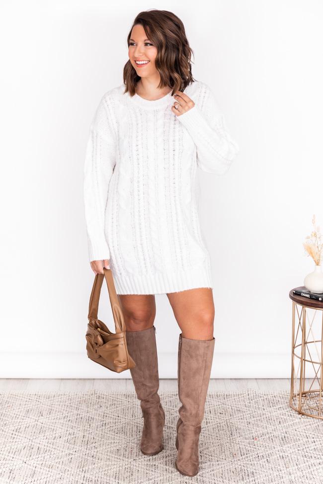 CAITLIN COVINGTON X PINK LILY The Krista Cable Knit Ivory Sweater Dress