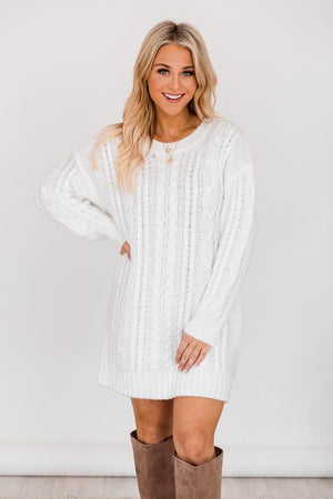 CAITLIN COVINGTON X PINK LILY The Krista Cable Knit Ivory Sweater Dress