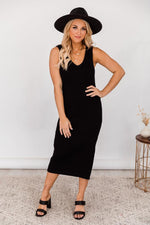 Load image into Gallery viewer, CAITLIN COVINGTON X PINK LILY The Courtney Ribbed V-Neck Black Midi Dress

