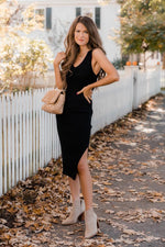Load image into Gallery viewer, CAITLIN COVINGTON X PINK LILY The Courtney Ribbed V-Neck Black Midi Dress
