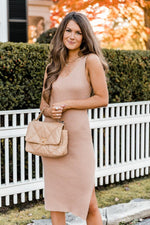 Load image into Gallery viewer, CAITLIN COVINGTON X PINK LILY The Courtney Ribbed V-Neck Tan Midi Dress
