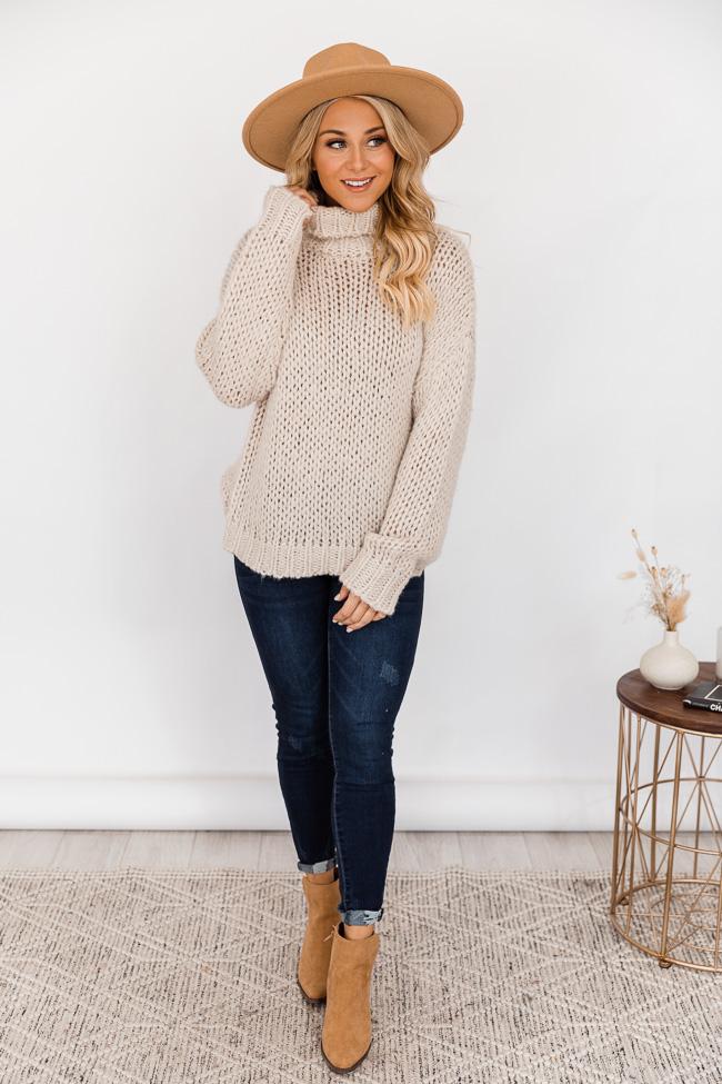 CAITLIN COVINGTON X PINK LILY The Olivia Chunky Knit Beige Turtleneck Sweater