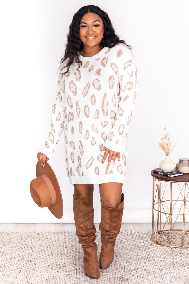 CAITLIN COVINGTON X PINK LILY The Lizzie Ivory Animal Print Sweater Dress