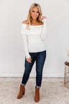 CAITLIN COVINGTON X PINK LILY The Nancy Foldover Ivory Fitted Off The Shoulder Sweater