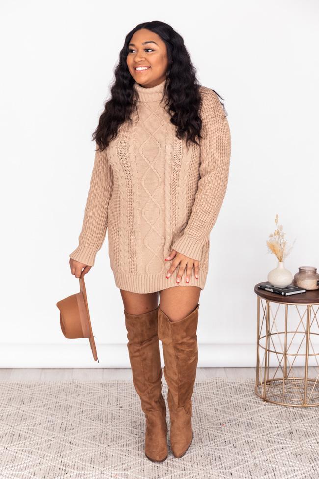 CAITLIN COVINGTON X PINK LILY The Carla Mocha Cable Knit Sweater Dress