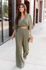 Load image into Gallery viewer, Phone Call Away Green Wrap Cropped Blouse
