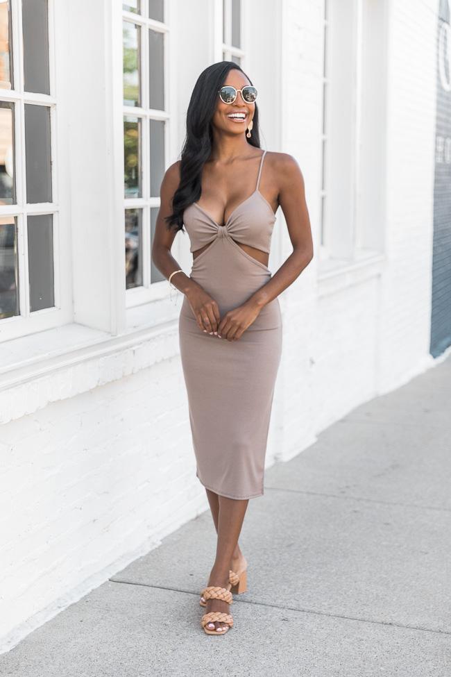 Hit The Dance Floor Taupe Cut Out Midi Dress