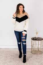 Load image into Gallery viewer, Carefree Heart Ivory/Tan Colorblock Chevron Sweater
