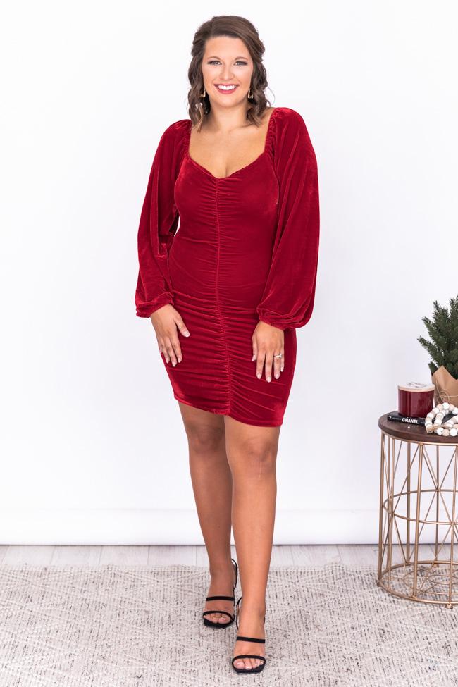 Call It A Night Red Velvet Ruched Dress