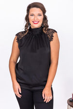 Load image into Gallery viewer, Heard It Before Black Lace Sleeve Mock Neck Blouse

