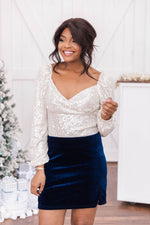 Load image into Gallery viewer, Worthwhile Moments Navy Velvet Side Slit Skirt
