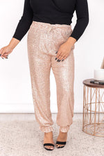 Load image into Gallery viewer, Forever Tonight Rose Gold Sequin Joggers

