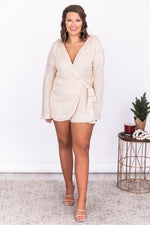 Load image into Gallery viewer, Something To Believe In Champagne Sequin Wrap Romper
