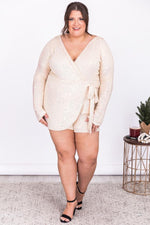 Load image into Gallery viewer, Something To Believe In Champagne Sequin Wrap Romper
