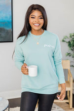 Load image into Gallery viewer, Mama Embroidered Script Dusty Blue Sweatshirt
