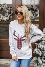 Afbeelding in Gallery-weergave laden, Buffalo Plaid Reindeer Ash Graphic Sweatshirt

