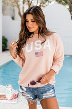 Load image into Gallery viewer, Athletic USA Flag Peach Graphic Sweatshirt

