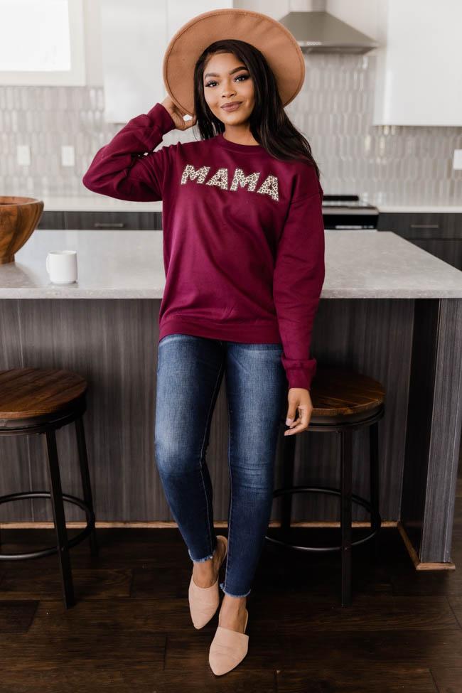 Mama Animal Print Sweatshirt Maroon