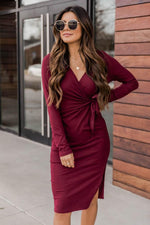 Load image into Gallery viewer, Daring Heart Ribbed Midi Burgundy Dress
