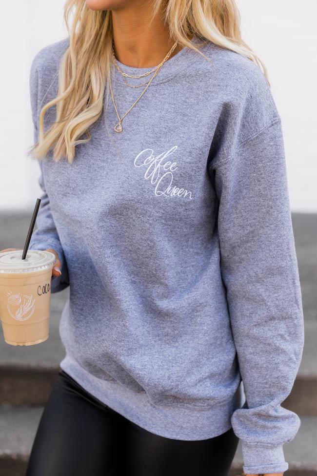 Coffee Queen Script Embroidered Heather Grey Sweatshirt
