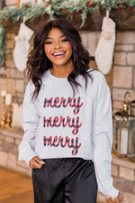 Load image into Gallery viewer, Plaid Merry Merry Merry Ash Graphic Sweatshirt
