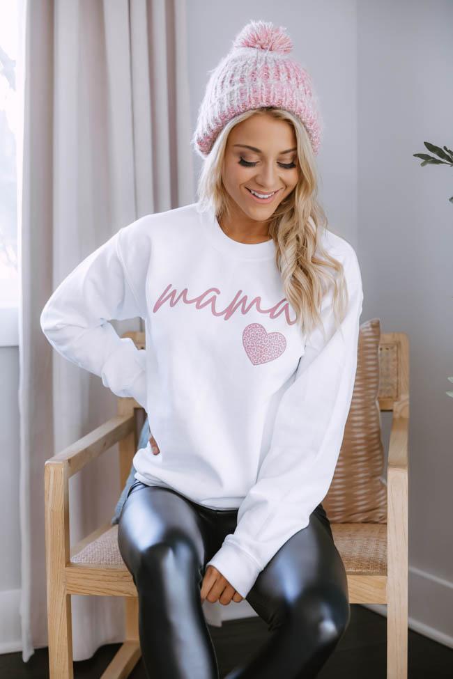 Mama Script Mauve Animal Print White Graphic Sweatshirt