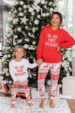 Load image into Gallery viewer, Kids OK, But First Presents White Graphic Sweatshirt
