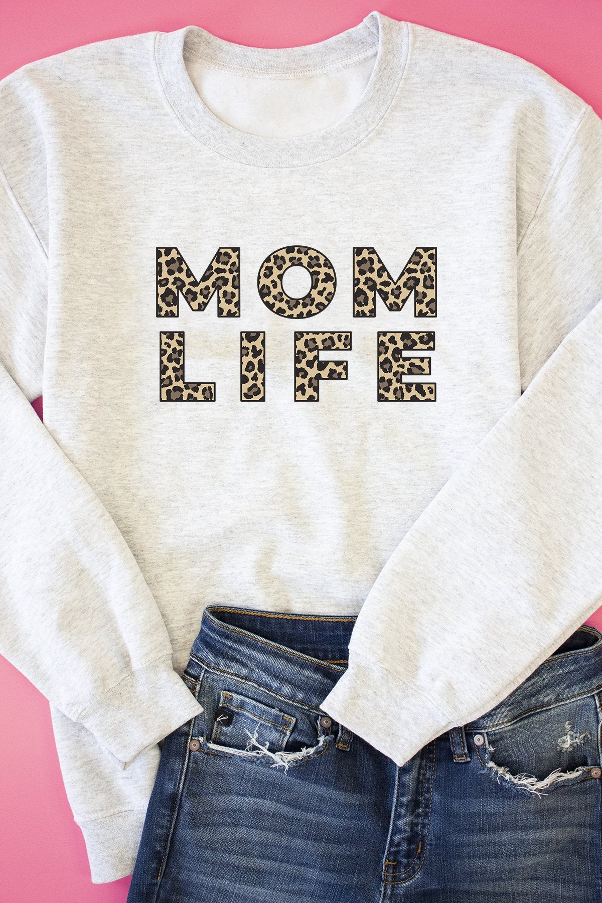 Mom Life Leopard Print Ash Graphic Sweatshirt